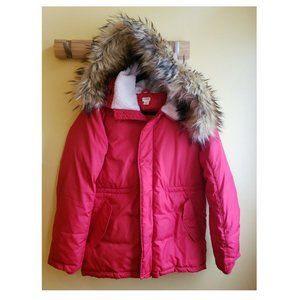 CREWCUTS RED FISHTAIL COAT PARKA FAUX FUR TRIM HOOD SZ 14 BOY
